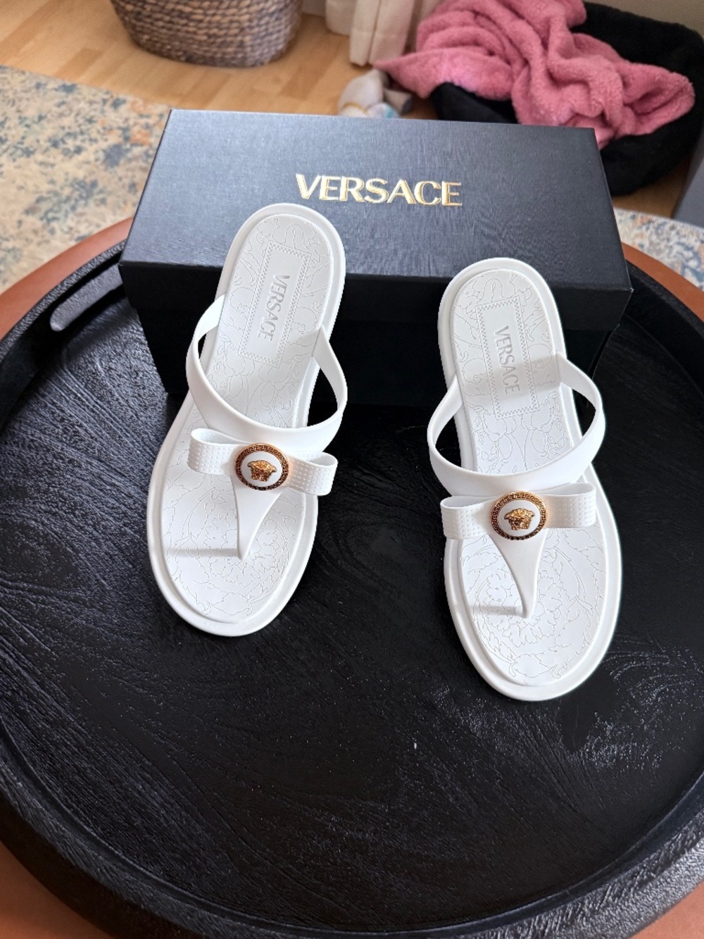 Versace Gomma Flip Flops With Ribbon